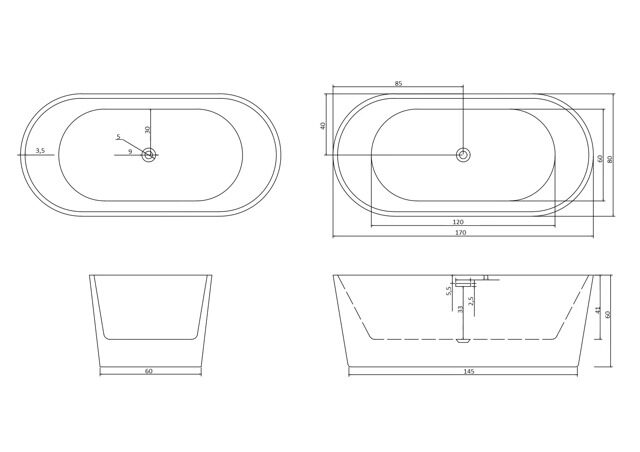 Ванна акриловая отдельностоящая Cerutti SPA RESIA170 (1700x800x600)