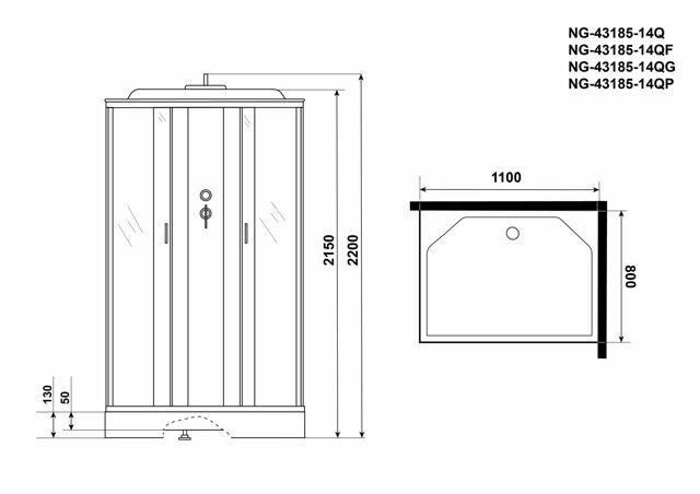 Душевая кабина Niagara NG-43185-14QP (1100х800х2150) низкий поддон(13см) стекло МАТОВОЕ 3 места