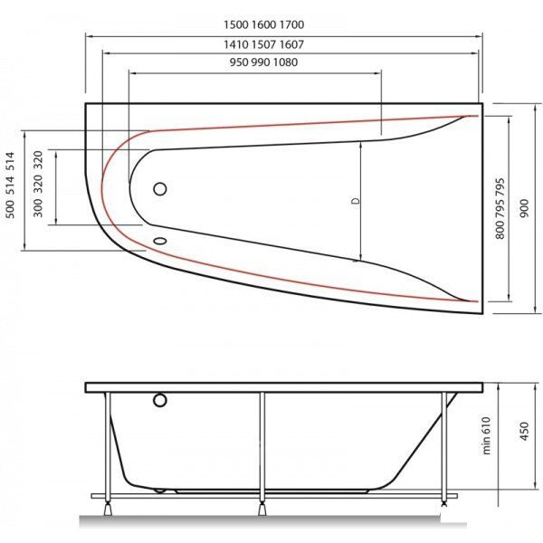 Асимметиричная акриловая ванна Vayer Boomerang 1600X900x450 R