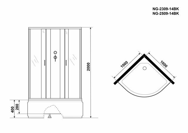 Душевая кабина Niagara NG-2309-14BK (1000х1000х2000) высокий поддон(40см) стекло МАТОВОЕ 4 места